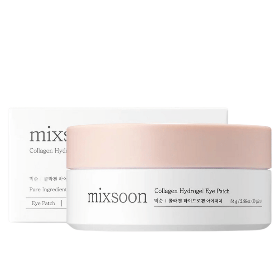 Bild av Mixsoon Collagen Hydrogel Eye Patch, som visar en burk med rosa lock och vit bas. Burken innehåller 84 g (30 par) ögonplåster. Kartongen är stilren och ger en känsla av lyxig hudvård. Produkten är designad för att ge fukt och näring till huden under ögonen.