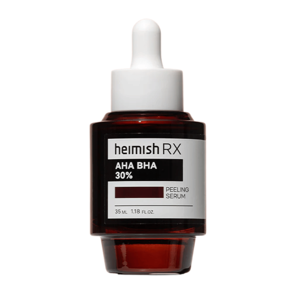 Heimish RX AHA BHA 30% Peeling Serum i en mörkröd glasflaska med pipett, utformad för exfoliering och förbättrad hudtextur.